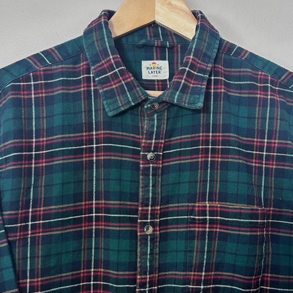 Marine Layer Flannel Shirt Mens Large Green Plaid Stretch Cotton Button Up Fall
